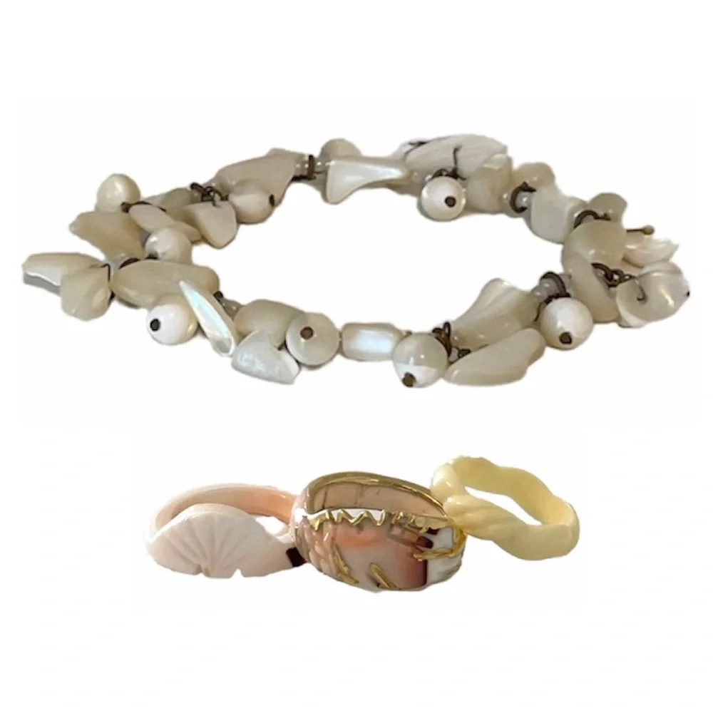 Mother of Pearl Abalone Shell Bracelet & Rings Set Vintage Jewelry Lot Set